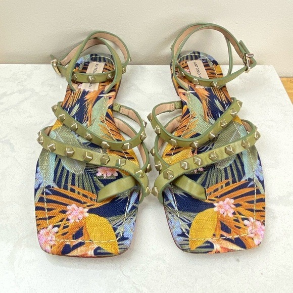 ANTONIO MELANI STAPPY STUDDED LEATHER TROPICAL GLADIATOR SANDALS - Picture 5 of 9